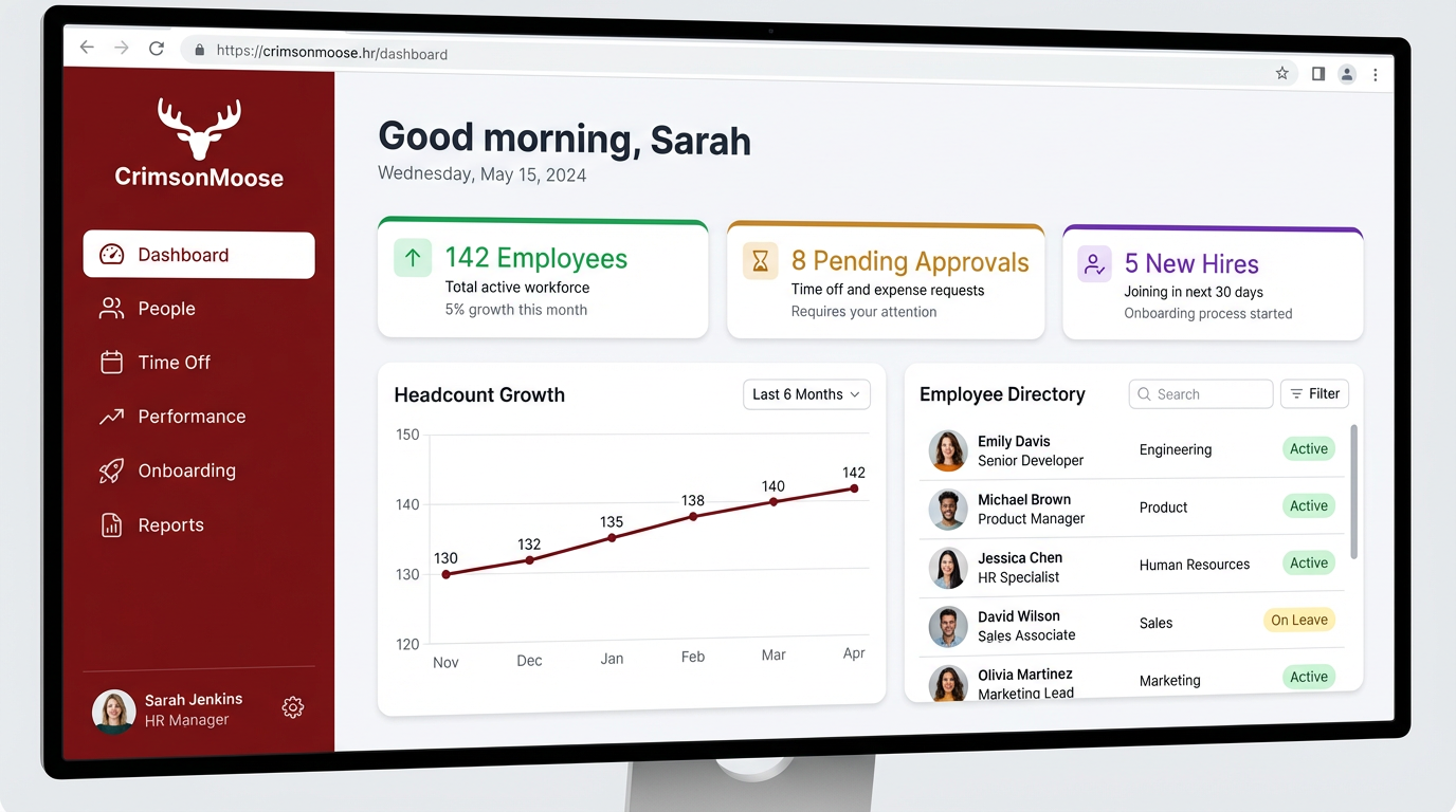 CrimsonMoose HRIS Dashboard - Employee management, time-off tracking, and HR analytics in one place